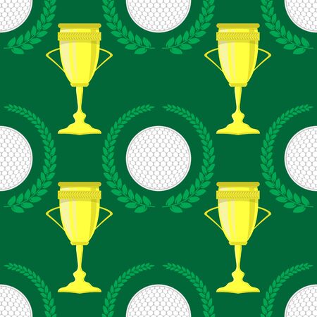 Golf Ball Icon and Laurel Seamless Pattern on Green Background.のイラスト素材