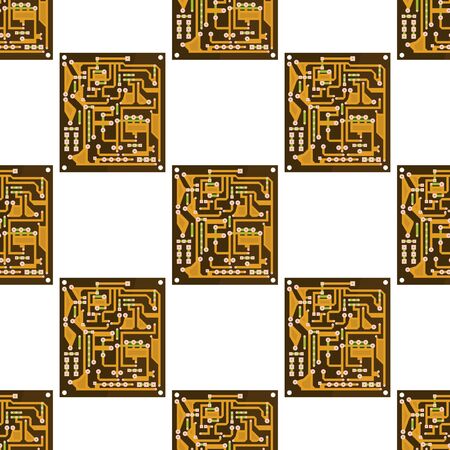 Circuit Board Seamless Pattern on White Background. Flat Design. Modern Computer Technology Background. High Tech Printed Symbol.のイラスト素材