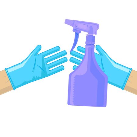 Sanitizer and Medical Gloves. Wash Gel Icon. Liquid Soap with Pumping from Bottle for Disinfection. Plastic Dispenser. Cleanser for Hygiene. Hand Spray. Air Sprayer Nozzle.のイラスト素材