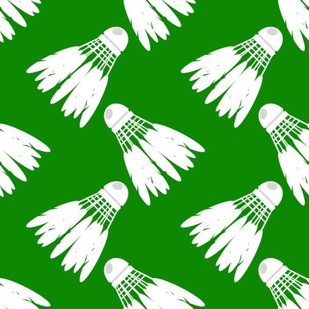 Shuttlecock Icon with Feathers Seamless Pattern Isolated on Green Background.のイラスト素材