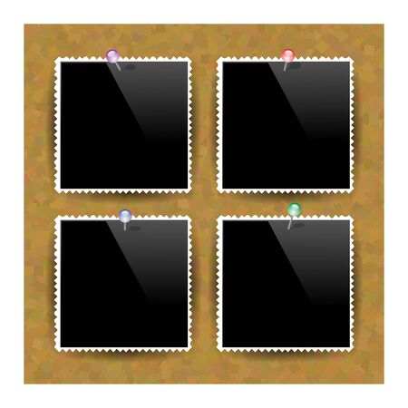 Photo Frame Set. Brown Cork Board Texture. Wood Pattern. Empty Notice Billboard. Office Banner.のイラスト素材