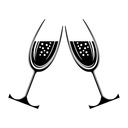 Two Sparkling Glasses on White Background. Champagne Celebration. Happy New Year. Alcoholic Fizzy Drink. Congratulations. Cheers.のイラスト素材