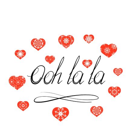 Lettering Oo la la Text with Red Hearts. Hand Sketched Vacation Typography Sign for Badge, Icon, Banner, Tag, Illustration, Postcard Poster.のイラスト素材