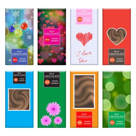 Set of Different Milk Chocolate Bar Isolated on White Background. Sweet Food Collection. Package Mock up.のイラスト素材
