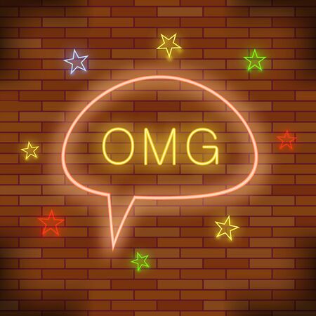 OMG Neon Light. Orange Brick Wall Background. Colorful Starry Pattern with Cartoon Speech Bubble.のイラスト素材