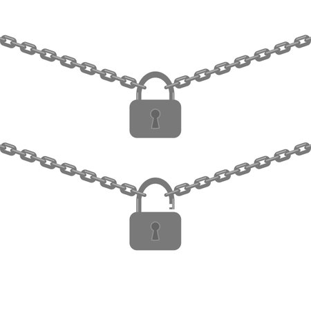 Chain and Closed Opened Lock Isolated on White Background.のイラスト素材