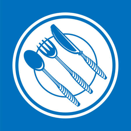 Food Icon for Cafe. Fork Spoon Knife   Design Isolated on Blue Backgroundのイラスト素材