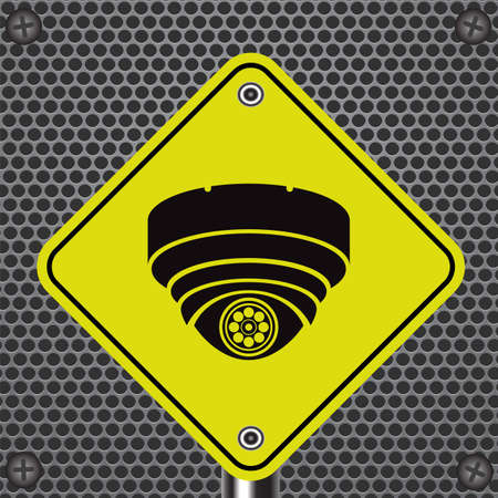 Professional CCTV Camera. Outdoor Video System. Yellow Warning Sign. Outdoor Video System