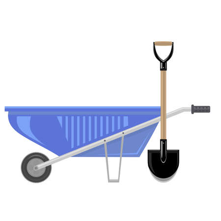 Blue Wheelbarrow and Garden Shovel Isolated on White Backgroundのイラスト素材