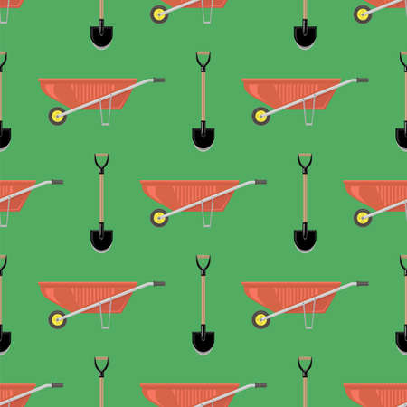 Red Wheelbarrow and Garden Shovel Isolated on Green Background. Seamless Patternのイラスト素材