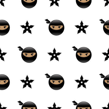 Cartoon Ninja Face Icon Isolated on White Background. Warrior Logo. Seamless Patternのイラスト素材