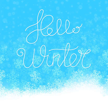 Hello Winter Typographic Poster. Hand Drawn Phrase. Lettering on Snowflake Sky Backgroundのイラスト素材