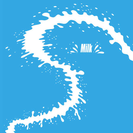 Pouring Milk Splash on Blue Background. White Creamy Liquid Drops. Fresh Farm Milky Flow Drink. Minimalist Posterのイラスト素材
