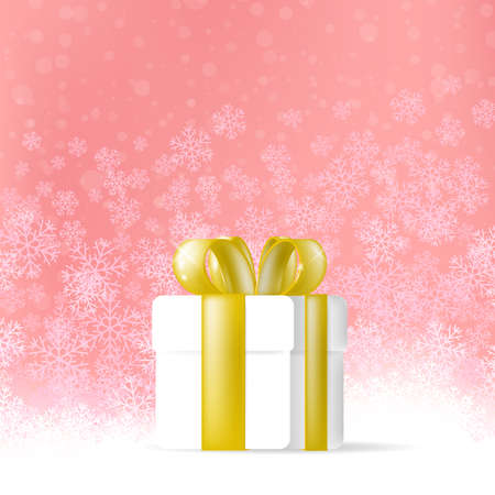 Gift Paper Box on Red Snow Background. Present with Gold Ribbonsのイラスト素材