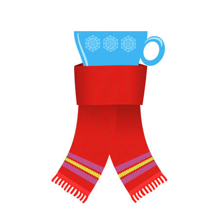 Red Knitted Scarf and Blue Cap of Coffee or Tea Isolated on White Backgroundのイラスト素材