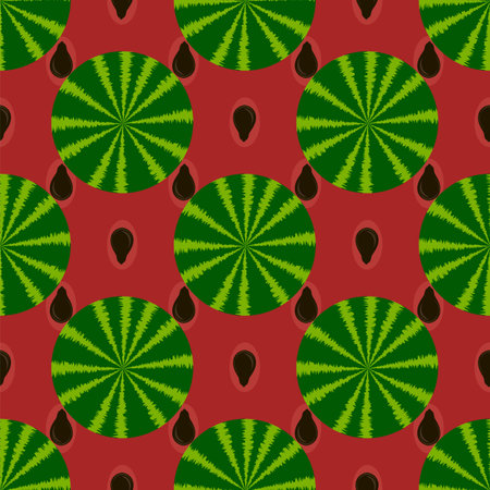 Fresh Sweet Natural Ripe Watermelon Seamless Pattern with Black Seedsのイラスト素材
