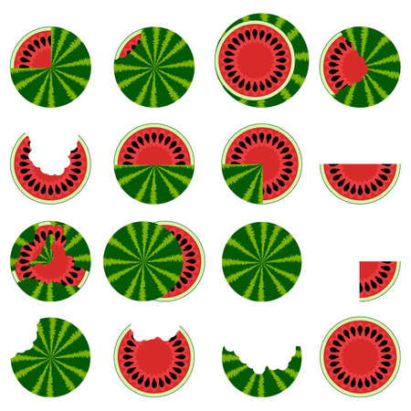 Fresh Ripe Watermelon Icon Set Isolated on White Background. Sweet Fruit for Dessertのイラスト素材