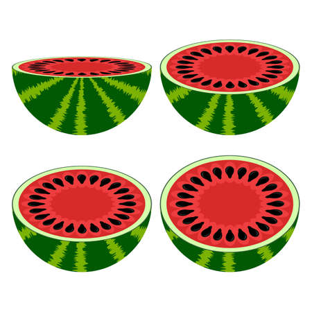 Fresh Ripe Watermelon Icon Set Isolated on White Background. Sweet Fruit for Dessertのイラスト素材
