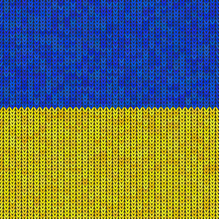 Ukraine Colored Flag Sign on Dark Background. Ukrainian Peace Symbol. Blue Yellow Knitted Texture. Stylish Knit. Woolen Print. Fabric Pattern.のイラスト素材