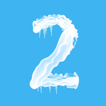 Snow Ice Cap with Number Two Isolated on Blue Background. Christmas Card Design Element. Winter Snowcap Set.のイラスト素材