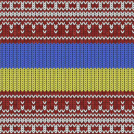 Ukraine Colored Flag Sign on Dark Background. Ukrainian Peace Symbol. Blue Yellow Red Knitted Texture. Stylish Knit. Woolen Print. Fabric Pattern.のイラスト素材