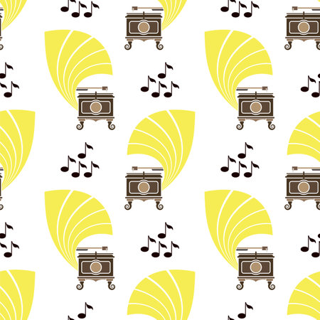 A gramophone icon is an old type of record player. Seakless pattern of classical musical box. Antique phonograph on white background.のイラスト素材