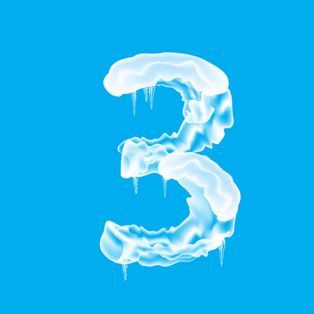 Snow Ice Cap with Number Three Isolated on Blue Background. Christmas Card Design Element. Winter Snowcap Set.のイラスト素材