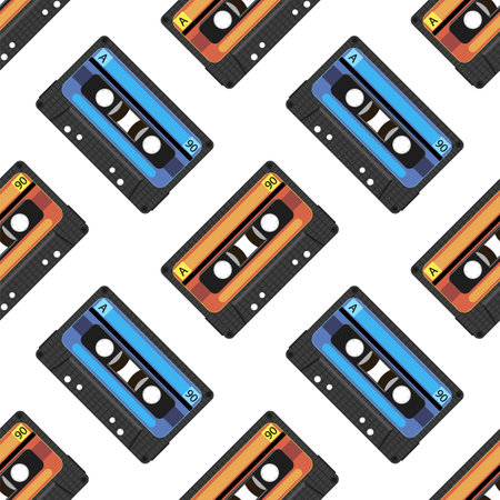 VIntage video tape or music cassette icon flat illustration isolated on white. Seamless pattern.のイラスト素材