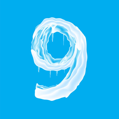 Snow Ice Cap with Number Nine Isolated on Blue Background. Christmas Card Design Element. Winter Snowcap Set.のイラスト素材