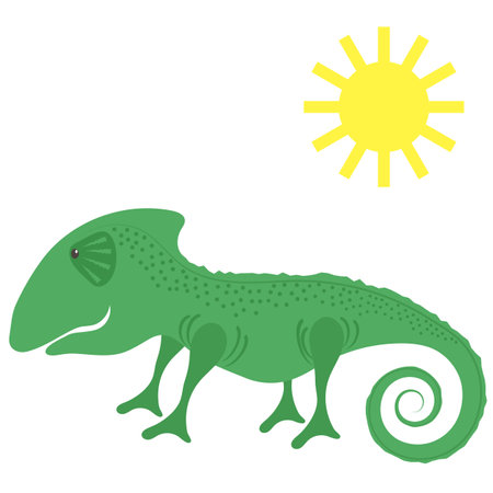 Green Chameleon and Sun Isolated on White Background.のイラスト素材