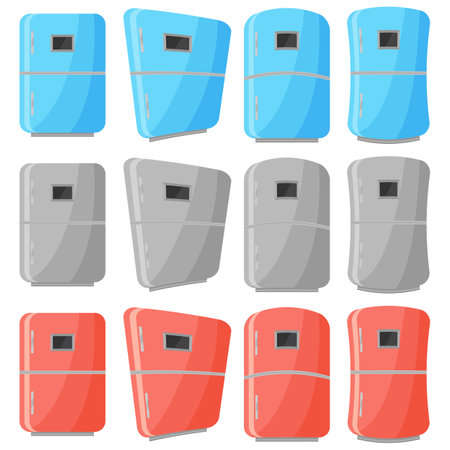 Detailed Colored Fridge Set for Home Preserve Food. Vertical Refrigerator Icons.のイラスト素材