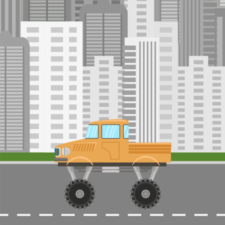 Orange Petro Monster Truck Icon on Modern City Buildings Background.のイラスト素材