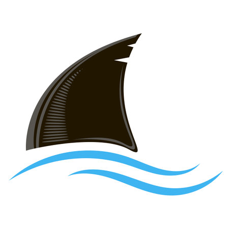 Shark Fin Silhouette Icon and Blue Waves Isolated on White Background.のイラスト素材