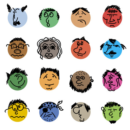 Colored doodle Heads. Round comic faces with various emotions. Crayon drawing style. Different colorful characters. Cartoon style people. Hand drawn trendy illustration. Flat design circles.のイラスト素材