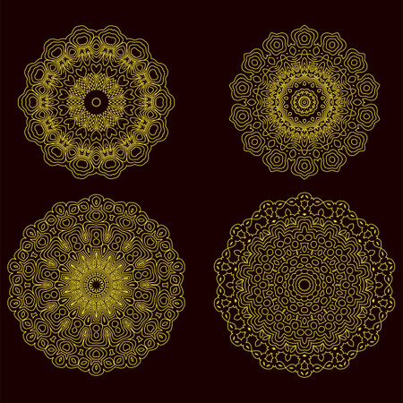 Set of Yellow Circle Geometric Ornaments. Guilloche Gold Rosettes Isolated. Ornamental Round Decor. Mandala Set.のイラスト素材