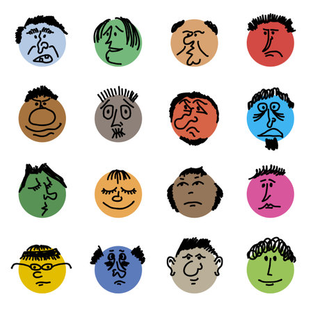 Colored doodle Heads. Round comic faces with various emotions. Crayon drawing style. Different colorful characters. Cartoon style people. Hand drawn trendy illustration. Flat design circles.のイラスト素材