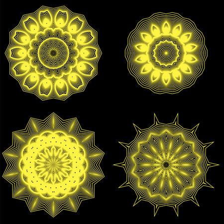 Set of Yellow Circle Geometric Ornaments. Guilloche Gold Rosettes Isolated. Ornamental Round Decor. Mandala Set.のイラスト素材