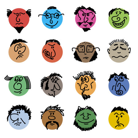 Colored doodle Heads. Round comic faces with various emotions. Crayon drawing style. Different colorful characters. Cartoon style people. Hand drawn trendy illustration. Flat design circles.のイラスト素材