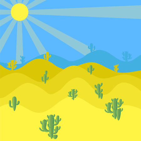 Vector Desert wavy landscape with dunes in a minimalist style. Flat design. Boho decor for prints, posters and interior design. Mid-century modern decor. Vector desert illustration.のイラスト素材