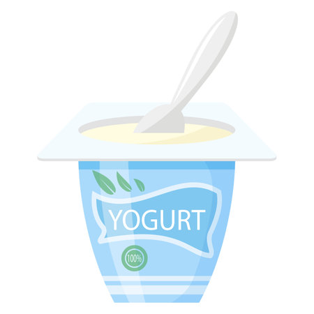 Vector fresh yogurt container and plastic spoon isolated on white background.のイラスト素材