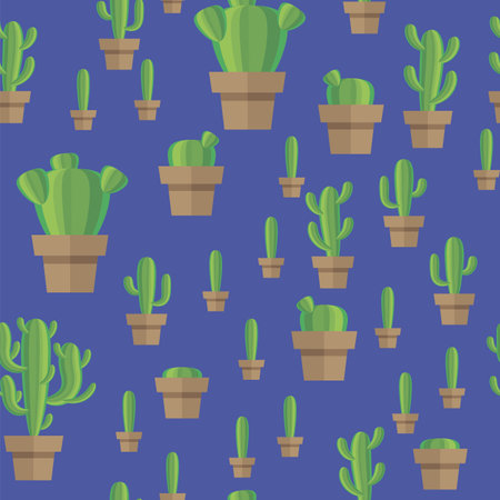Vector set of green cactus and leaves. Collection of exotic plants. Decorative natural elements are isolated on blue. Cactus growth. Seamless Pattern.のイラスト素材