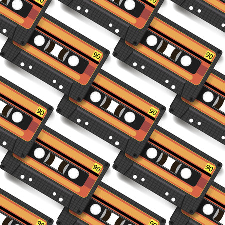 VIntage video tape or music cassette icon flat illustration. Seamless Pattern.のイラスト素材