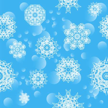 Vector falling snowflakes winter on blue blurred seamless background.のイラスト素材