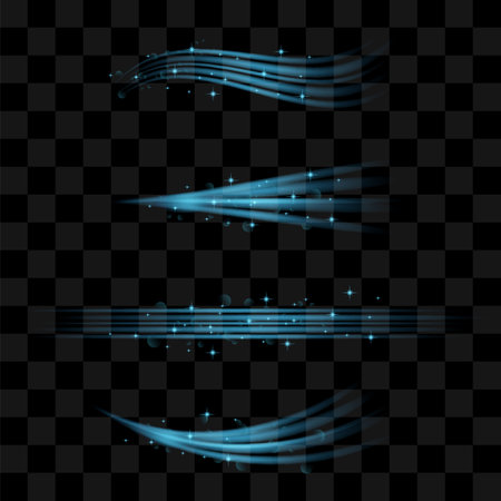 Vector Blue Fresh Air Effect Set on Checkered Background. Water Transparent Flow. Glow Swirl Light.のイラスト素材