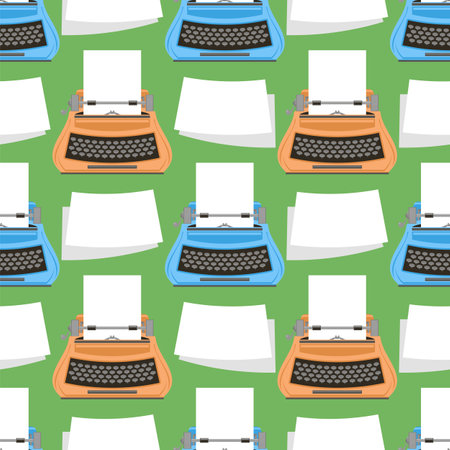 Vector Typewriter Icon Isolated on Green Background. Seamless Pattern.のイラスト素材