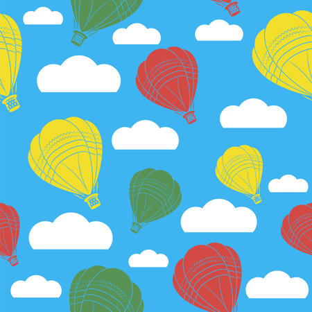 Vector Hot Air Balloon Icon Isolated on White Background. Seamless Pattern.のイラスト素材