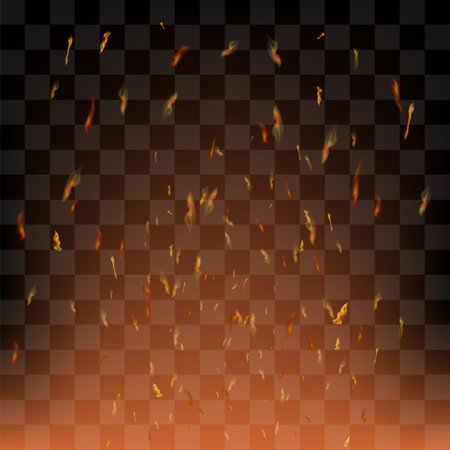 Vector realistic fire. Red Flame over checkered black background. Hot red and yellow burning fire with flying embers.のイラスト素材