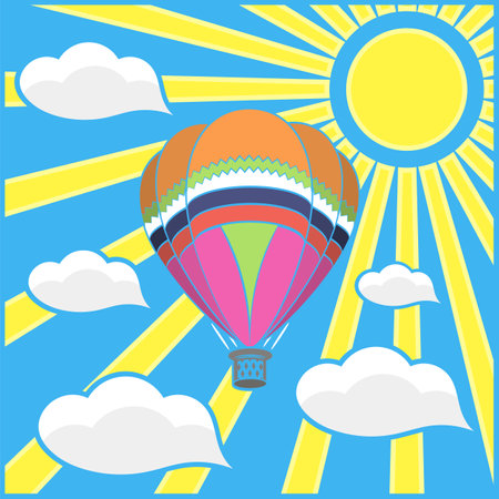 Vector Colored Hot Air Balloon Icon on Sun Sky Background.のイラスト素材
