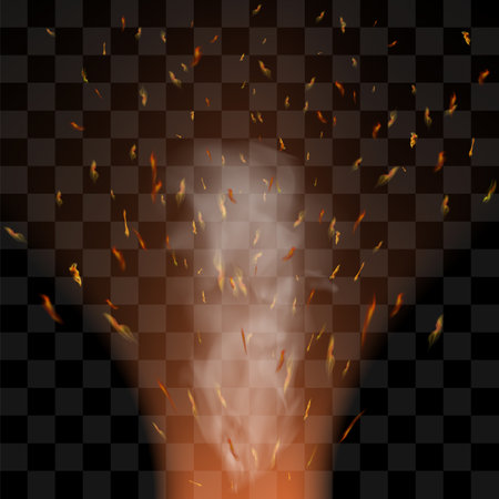Vector realistic fire. Red Flame over checkered black background. Hot red and yellow burning explosion with flying embers.のイラスト素材
