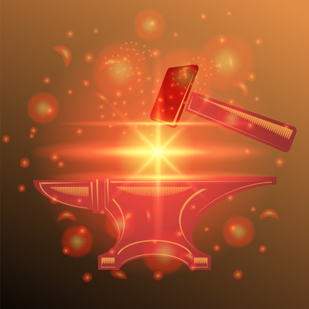 Vector Anvil and Hammer Icon with Yellow Red Flash and Stars on Dark Blurred Background. Industrial Logo Design.のイラスト素材